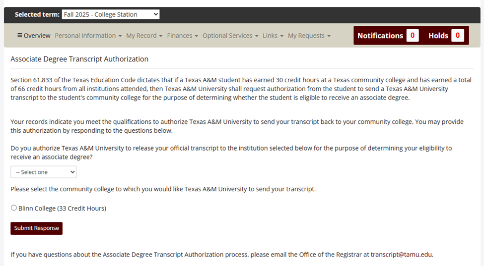 View of instructions in Howdy concerning how to send your transcript for Associate Degree credit.