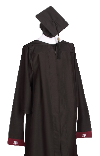 Black regalia gown with maroon trim and white ATM logo