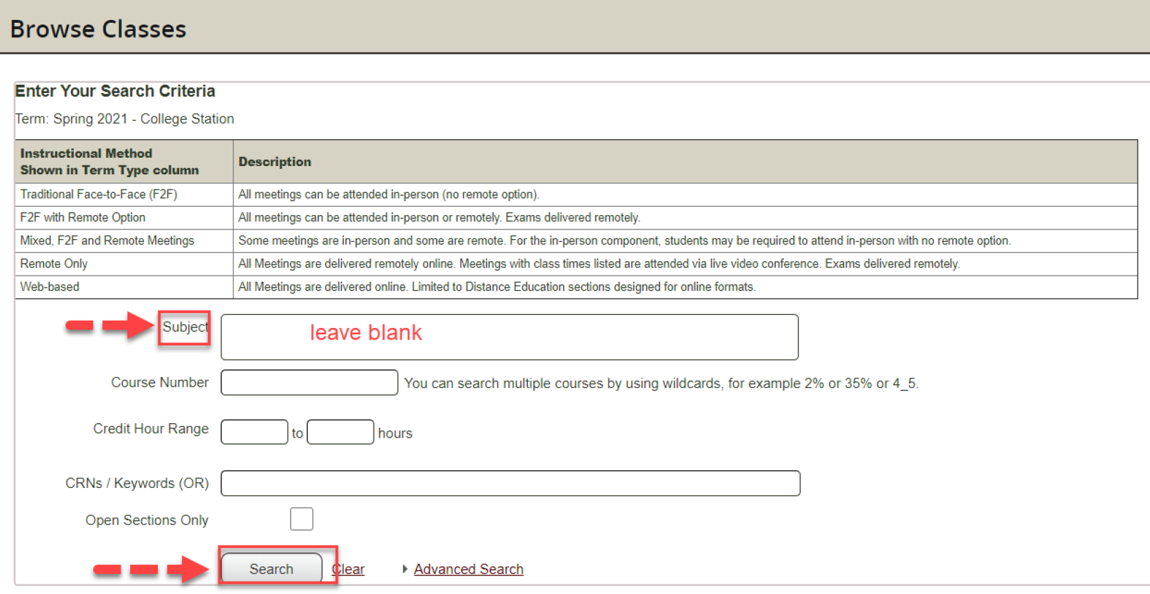 Screenshot of the Browse Classes window in Compass where you can search for mini-mester classes.
