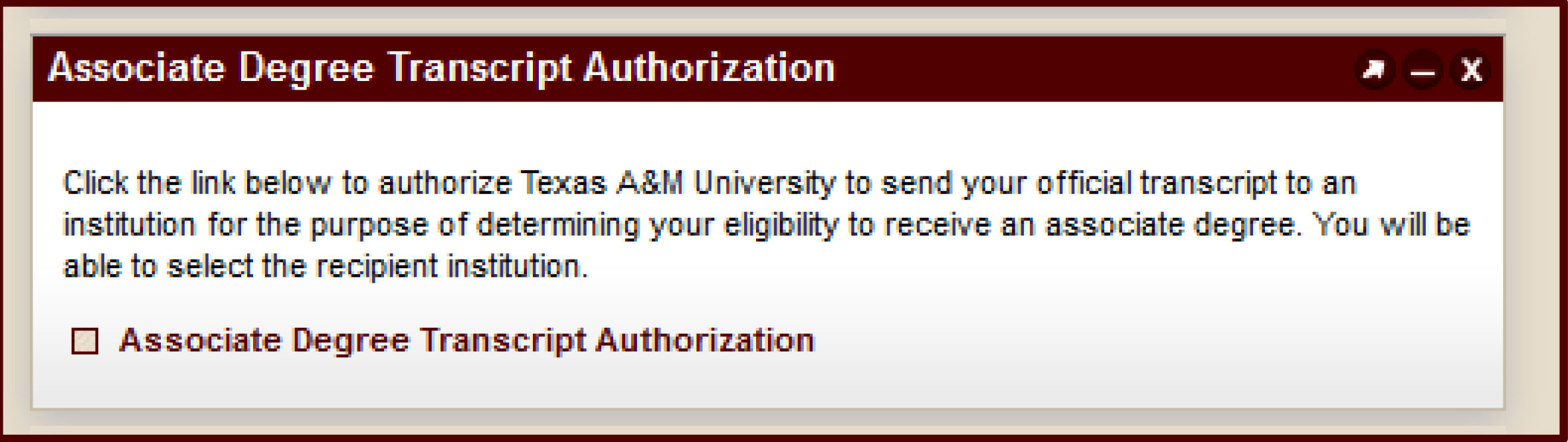 Associate Degree Transcript Authorization screen shot images in Howdy Portal